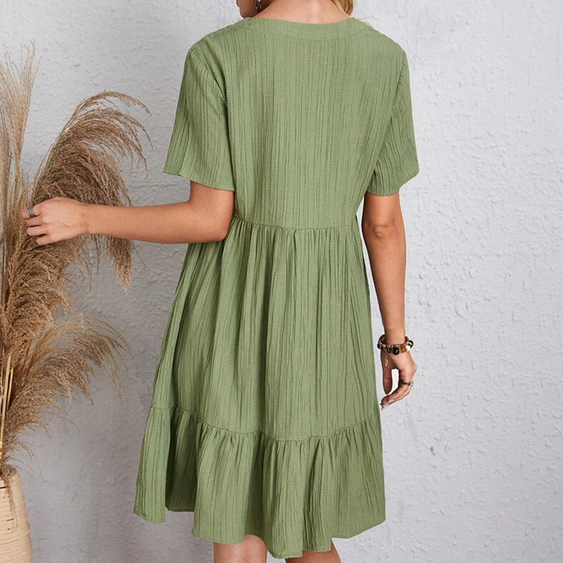 Summer Solid Dress Women Casual Bohemian v Neck Short Sleeve