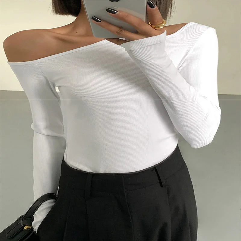 Fashion Skew Collar Off-Shoulder Long-Sleeved T-Shirts