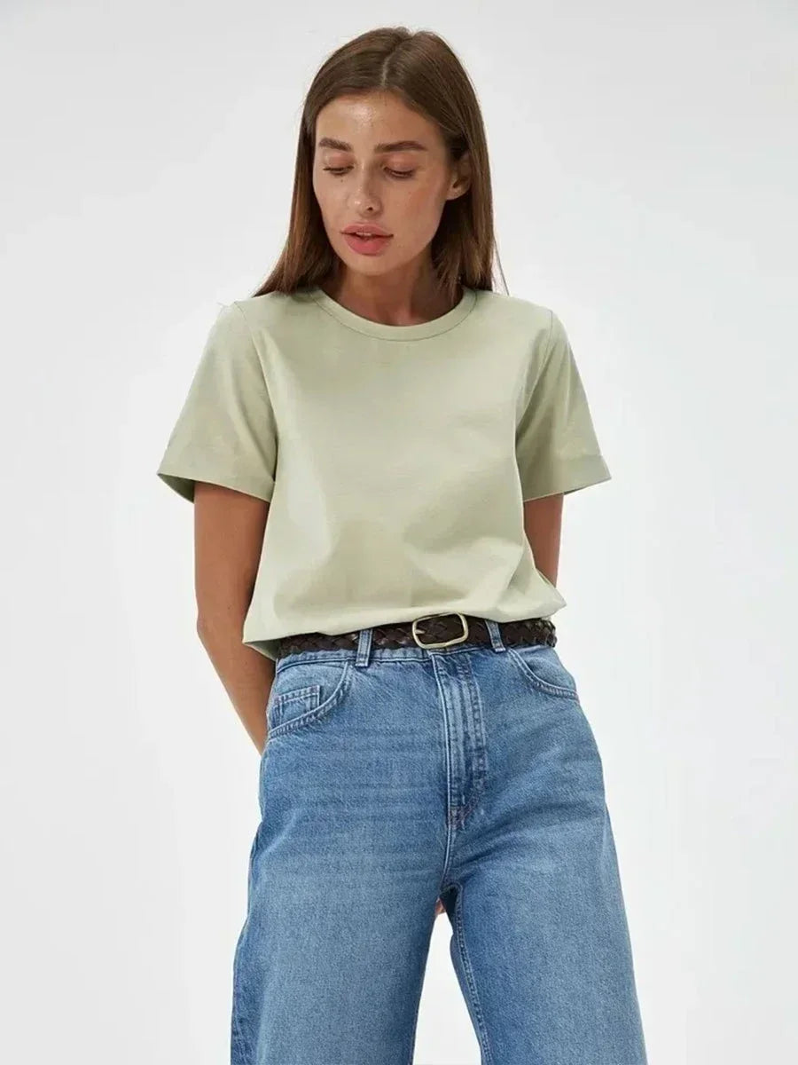 Bornladies Summer 100% Cotton Women's T-Shirt Bottoming Basic Fashionable Solid Lady Short Sleeve Loose Tops Shirts 230g/㎡ Tops