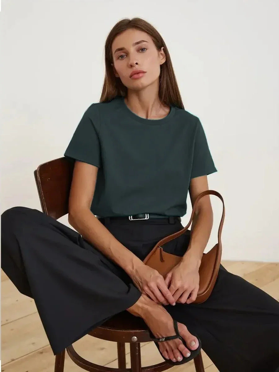 Bornladies Summer 100% Cotton Women's T-Shirt Bottoming Basic Fashionable Solid Lady Short Sleeve Loose Tops Shirts 230g/㎡ Tops