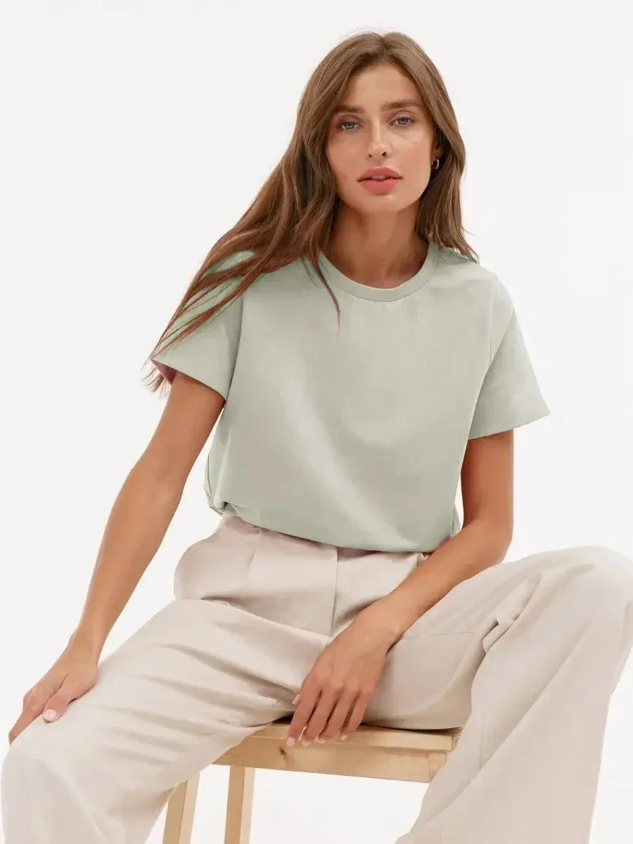 Bornladies Summer 100% Cotton Women's T-Shirt Bottoming Basic Fashionable Solid Lady Short Sleeve Loose Tops Shirts 230g/㎡ Tops
