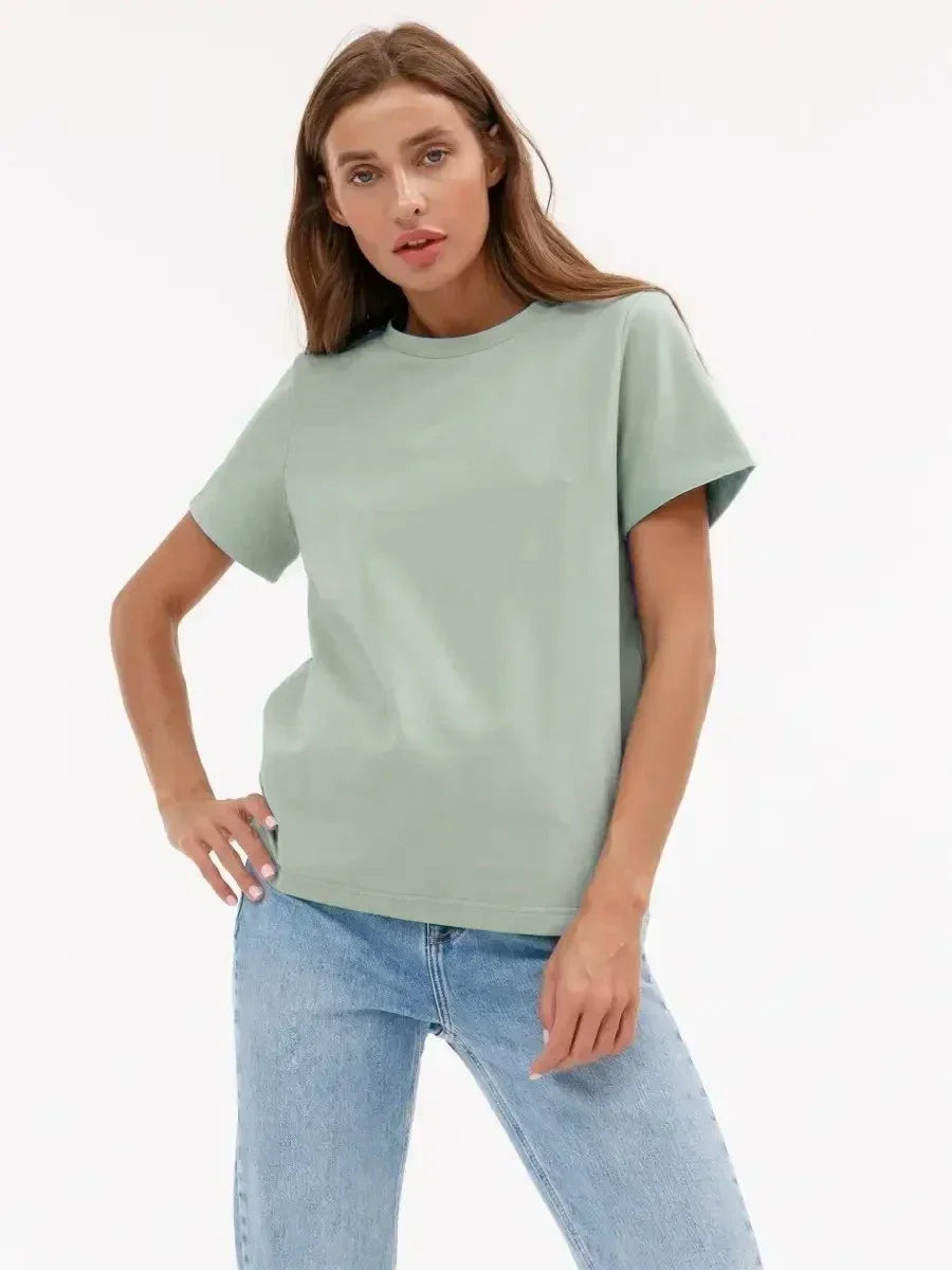 Bornladies Summer 100% Cotton Women's T-Shirt Bottoming Basic Fashionable Solid Lady Short Sleeve Loose Tops Shirts 230g/㎡ Tops