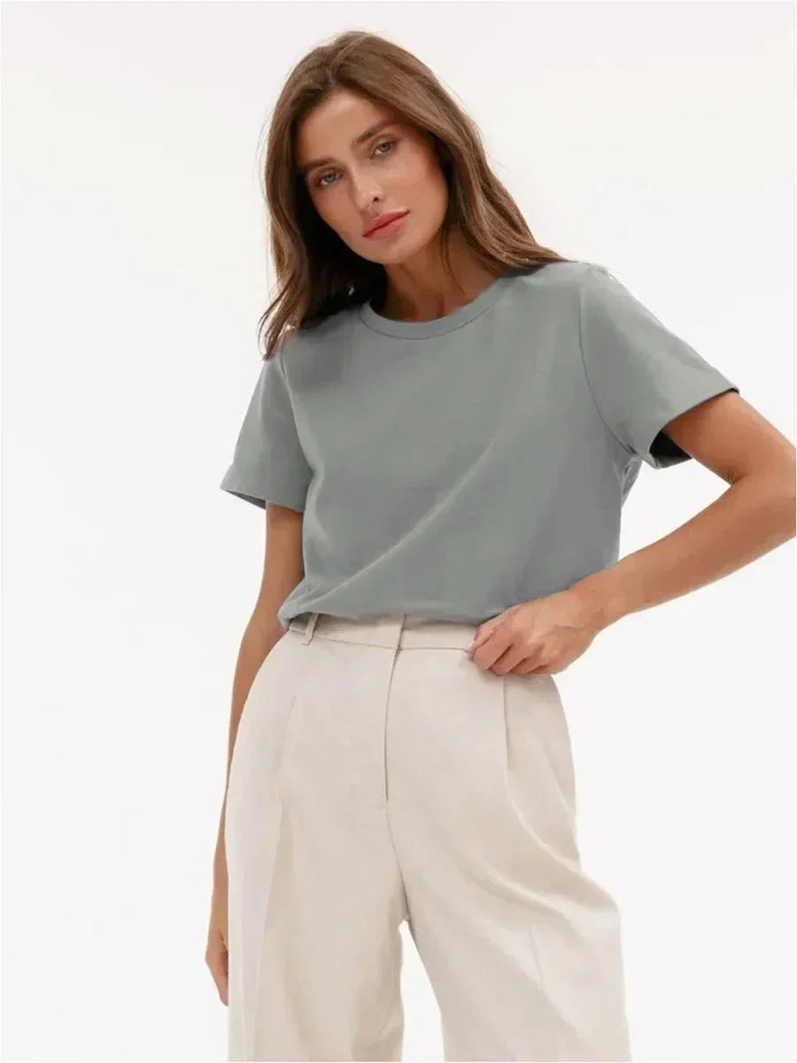 Bornladies Summer 100% Cotton Women's T-Shirt Bottoming Basic Fashionable Solid Lady Short Sleeve Loose Tops Shirts 230g/㎡ Tops