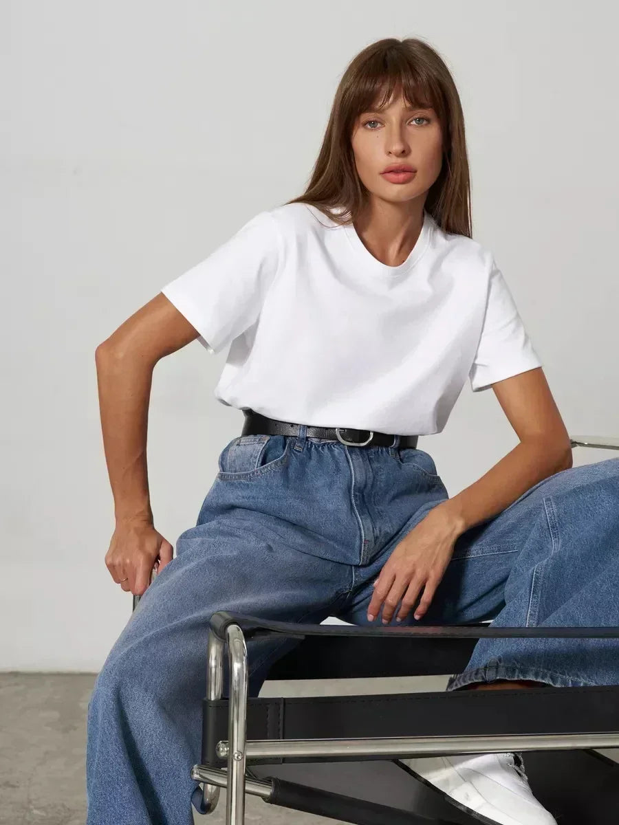 Bornladies Summer 100% Cotton Women's T-Shirt Bottoming Basic Fashionable Solid Lady Short Sleeve Loose Tops Shirts 230g/㎡ Tops