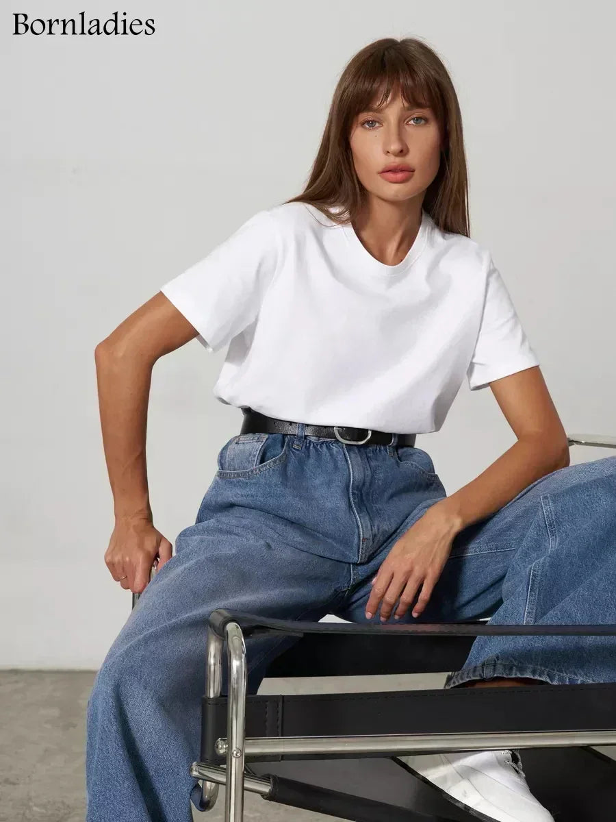 Bornladies Summer 100% Cotton Women's T-Shirt Bottoming Basic Fashionable Solid Lady Short Sleeve Loose Tops Shirts 230g/㎡ Tops
