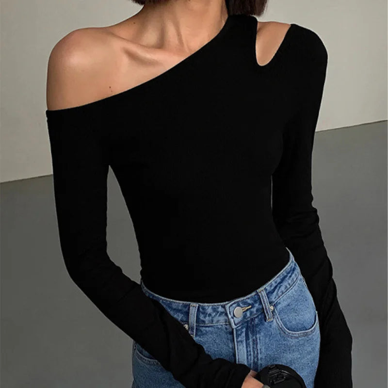 Fashion Skew Collar Off-Shoulder Long-Sleeved T-Shirts
